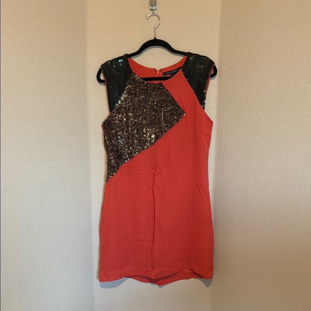 French Connection Coral Pink and Black Sequin Mini Dress